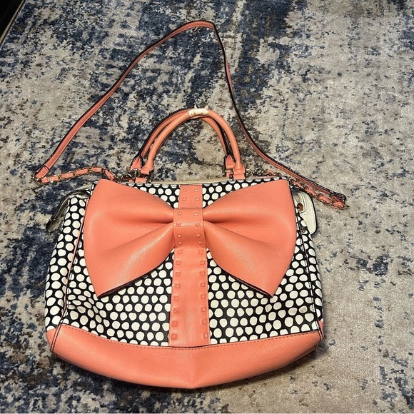 Betsey Johnson Curtsy Black & White Polka Dot Coral Bow Satchel - Picture 1 of 13